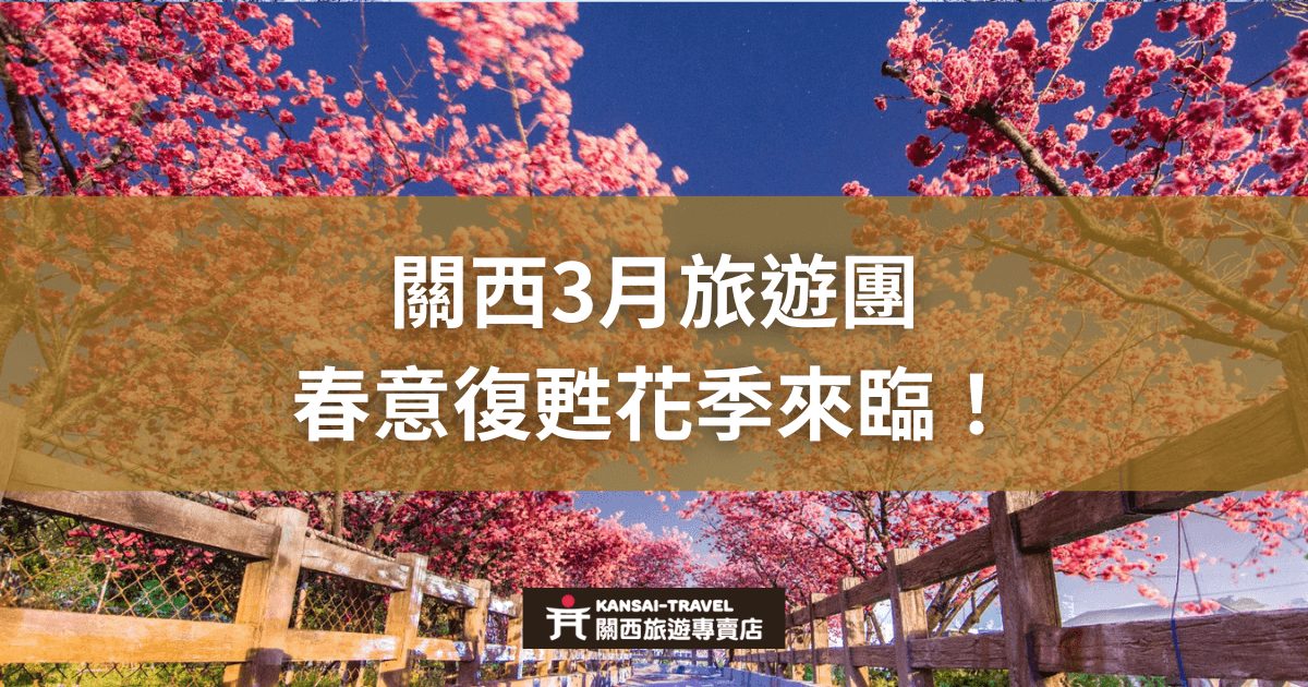 圖片展示一條被櫻花樹覆蓋的小路，鮮豔的粉紅櫻花綻放，象徵著春天的來臨。標題強調關西3月的旅遊團，正值春季復甦，適合賞花旅行。