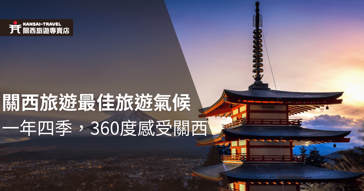 圖片展示了夕陽下的富士山和傳統日式建築，標題強調關西一年四季的最佳旅遊氣候，讓旅客能夠360度全面感受關西的魅力。