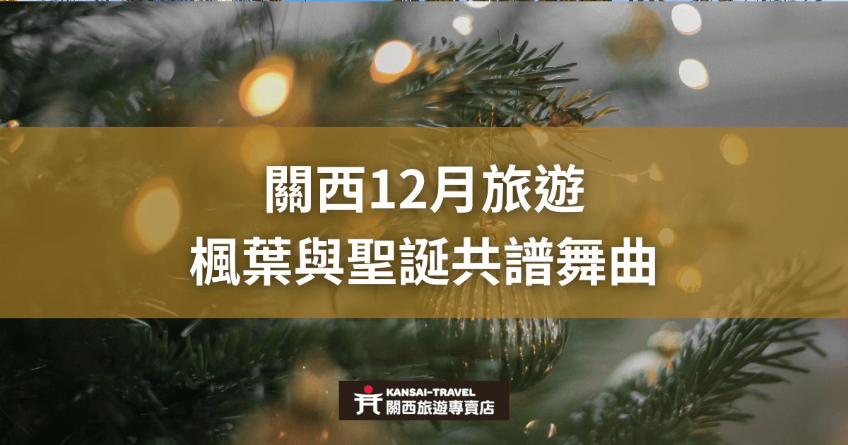 關西12月旅遊，展示了聖誕節燈光和冬季楓葉相互交織的景象，呈現出節日與自然美景的完美融合，營造出溫馨且夢幻的氛圍，帶來節日與秋冬季節的雙重感受。